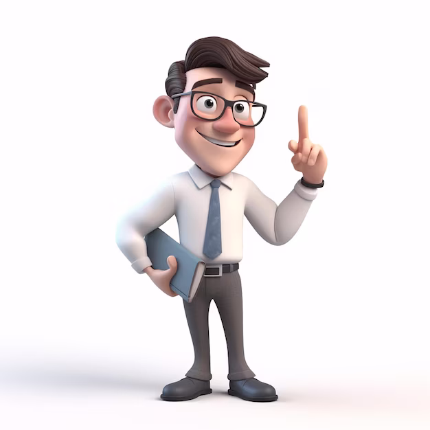 cartoon man with glasses tie is holding book pointing up_516832 21